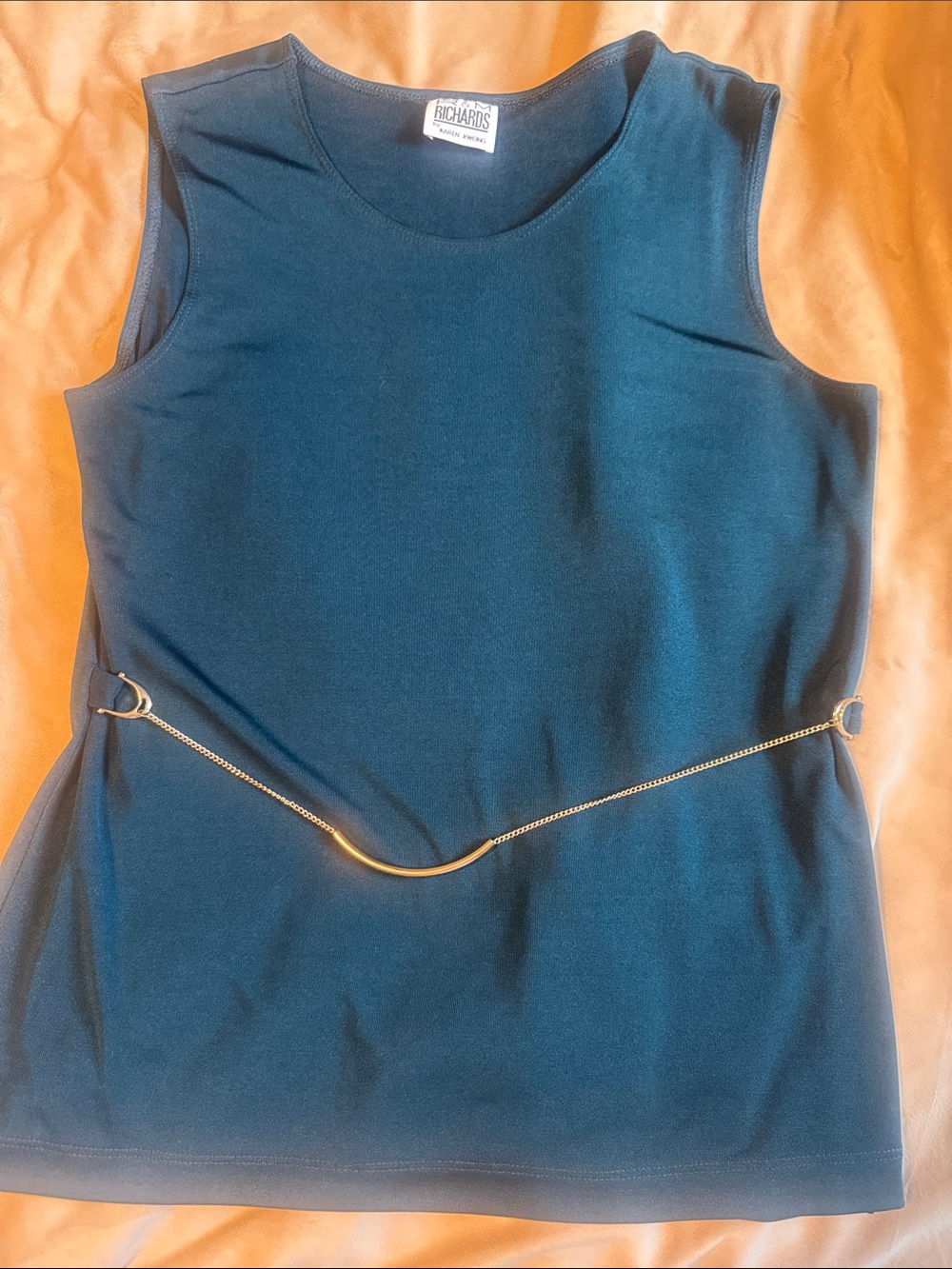 R&M Richards Sleeveless Jewel-Neck Top - Teal Blue with Gold Chain Accent
